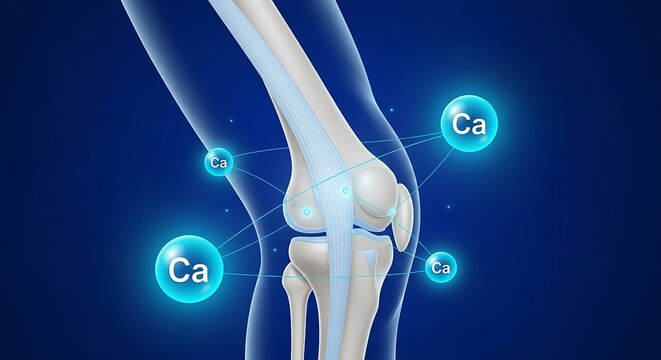 Human knee joint with calcium supplement on blue background concept