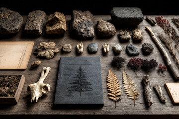 Artistic layering of organic and inorganic materials on a weathered stone slab