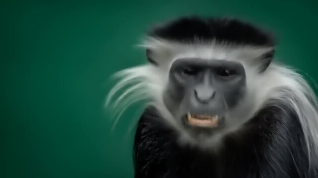 Primate with black and white fur showing teeth against a green background