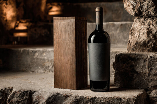 Elegant wine bottle with blank label and matching box on stone step in soft lighting - Powered by Adobe
