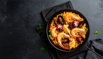 Vibrant seafood paella served on dark background a culinary delight ideal for restaurant menus or food blogs.