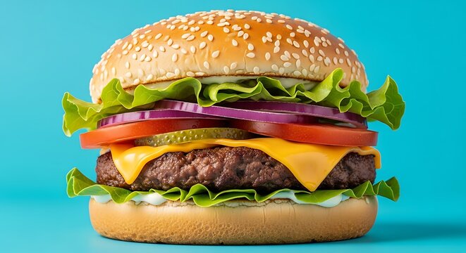 A delicious, juicy cheeseburger with fresh lettuce, tomato, onion, and pickles on a sesame seed bun, presented against a vibrant blue background