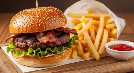 A delicious bacon cheeseburger with lettuce and tomato served with a side of french fries and ketchup on a wooden board