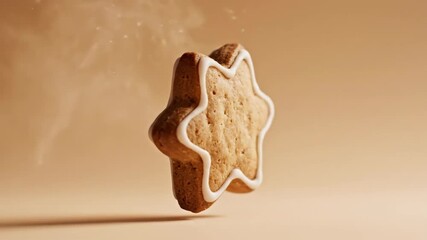 Gingerbread star cookie rotating in mid-air with white icing on a festive Christmas background, holiday baking treat. - Powered by Adobe