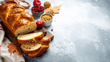 Golden Challah Bread on a Rustic Board with Fall Elements in a Soft Lit Studio for Culinary or Lifestyle Purposes.