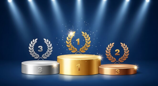 Winner podium with laurel wreath and spotlight for first place award