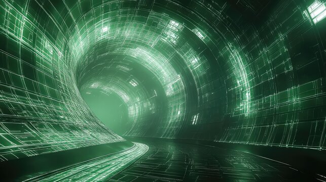 Green digital tunnel displaying futuristic cyberspace data grid