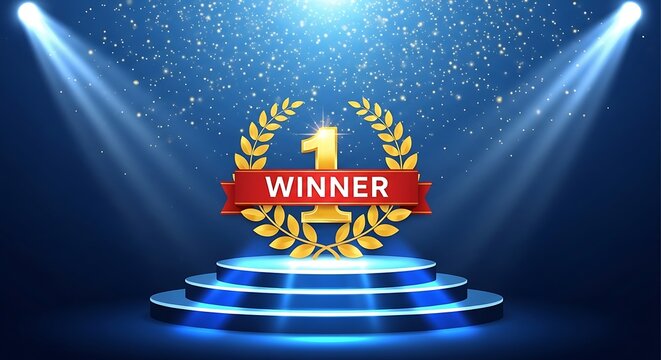 Winner number one on stage with spotlights and confetti on blue background