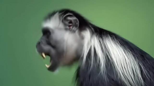 Primate with black and white fur showing teeth against a green background