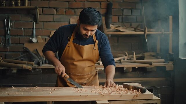 Focused Craftsman Smoothing Wood Surface with Chisel in Workshop, Wearing Apron, Surrounded by Tools, Showcasing Traditional Woodworking Skills and Expertise
