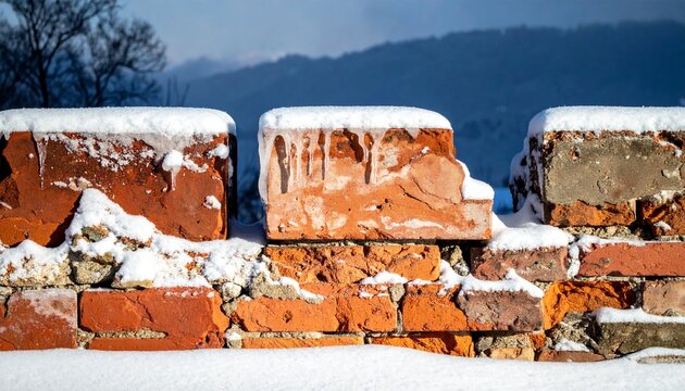 Old Brick Wall Covered in Winter Snow with Distant Mountain Backdrop under Clear Blue Sky.