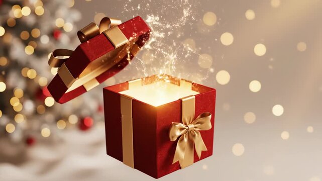 Red Christmas gift box opening with magical golden light and sparkling dust on bokeh background. Holiday surprise concept.