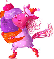 A merry horse skating with gifts. The symbol of the new year. Children's illustration