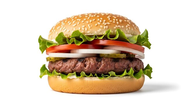 Classic hamburger with sesame seed bun, fresh lettuce, tomato slices, onion rings, pickles, and a juicy beef patty