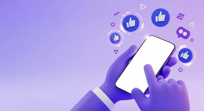 Hand holding smartphone with social media icons on purple background - Powered by Adobe