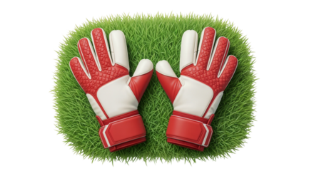 Goalkeeper gloves resting on green grass background for design  