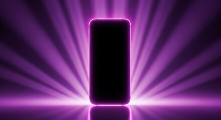 Modern smartphone with blank screen and purple neon light, technology concept
