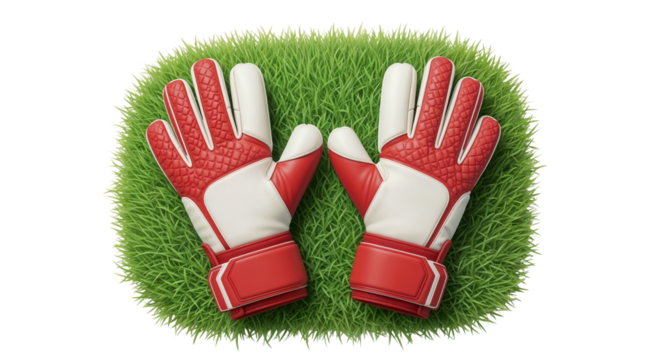 Goalkeeper gloves resting on green grass background for design  
