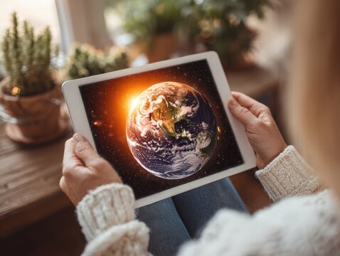 Woman holding tablet displaying Earth while sitting indoors with plants  