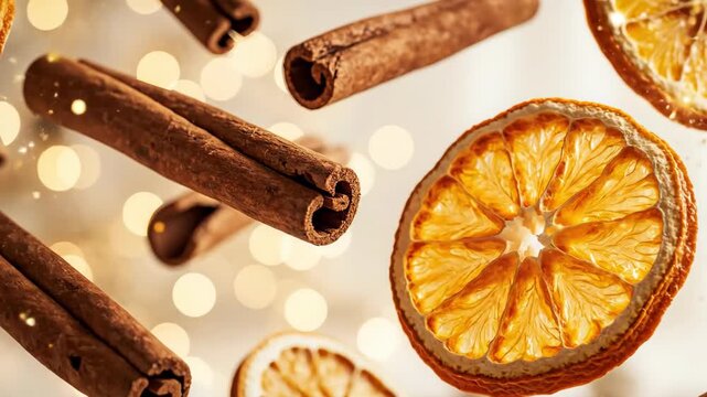 Dried orange slices and cinnamon sticks falling with sparkling bokeh lights. Festive Christmas holiday abstract motion for decoration.