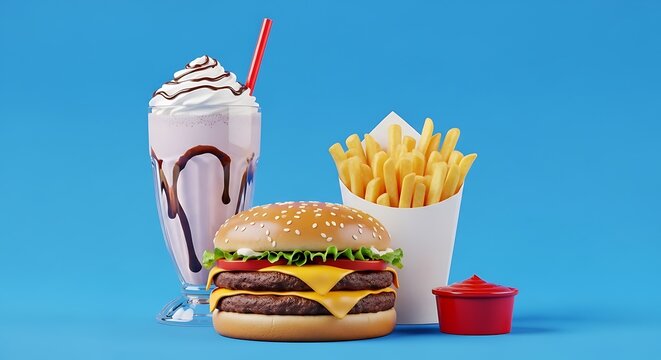 A classic fast food combo featuring a double cheeseburger, a tall chocolate milkshake with whipped cream, and a side of french fries with ketchup