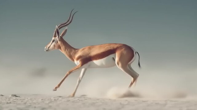 Springbok antelope in motion across sand landscape against clear sky