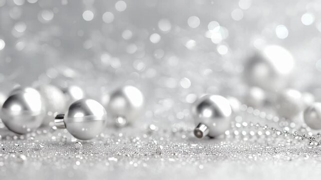 A silver ball is on a white background. There are many other silver balls scattered around the background. Luxury magazine background christmas white silver