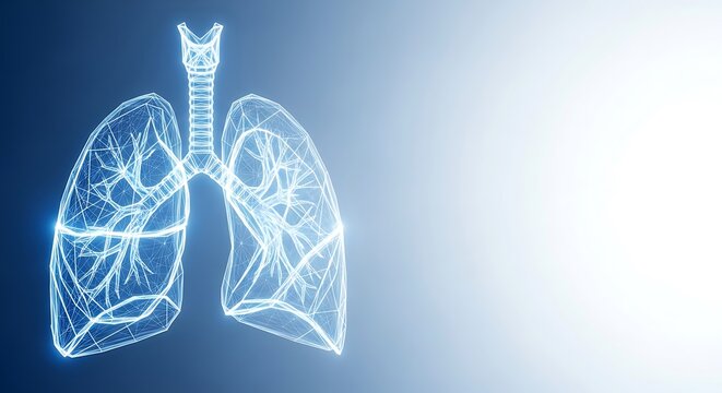 Human lungs with trachea wireframe on blue background isolated on white background