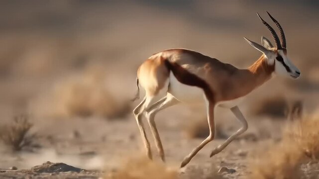 Springbok antelope runs across arid terrain dust clouds outdoors