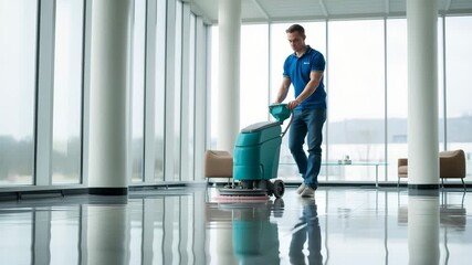Professional cleaner skillfully operating floor scrubber in modern office space