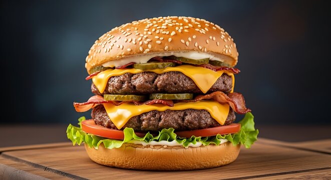 A delicious double cheeseburger with bacon, pickles, lettuce, and tomato, served on a sesame seed bun
