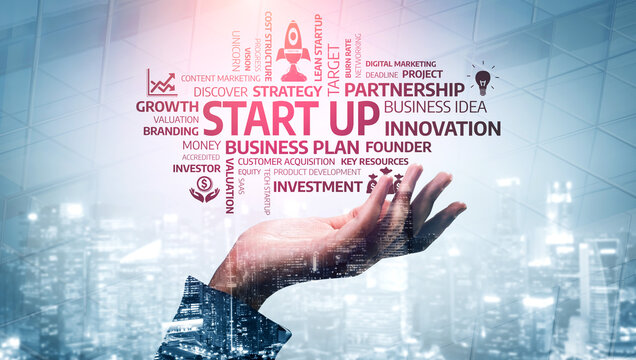 A conceptual image showcasing a hand reaching for success amidst words symbolizing startup innovation, strategy, growth, and partnership in a digital business environment. Tessel