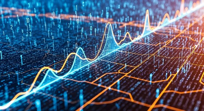 Abstract digital data visualization of financial stock market growth and analysis with glowing lines and binary code background - Powered by Adobe