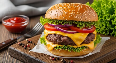 A classic cheeseburger with a juicy beef patty, melted cheddar cheese, fresh lettuce, tomato, and red onion on a sesame seed bun