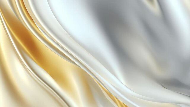 A long, flowing piece of fabric with gold and silver colors. The fabric is draped over a surface. Modern gradient smooth christmas background white silver pale gold