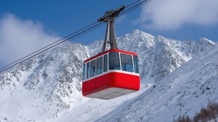 Obraz premium Vibrant Red Gondola Riding Above Snowy Mountain Peaks in Winter Wonderland