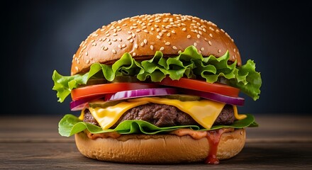 A delicious, juicy cheeseburger with fresh lettuce, ripe tomatoes, and red onion, served on a sesame seed bun against a dark background
