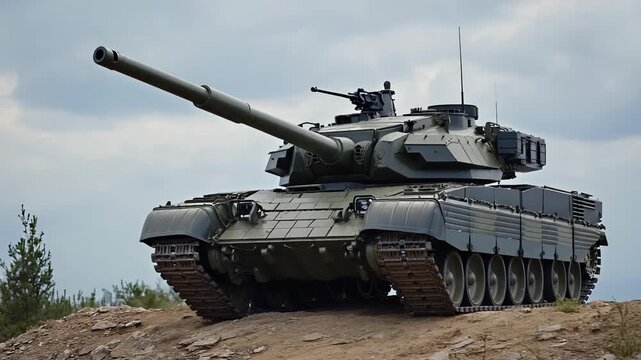 Modern Main Battle Tank on Hill, Military Vehicle, Heavy Armor, Army, Defense, Powerful Weapon System, Camouflage, Tracked Vehicle, War Machine, Artillery, Combat Ready