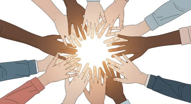 Diverse Hands Together in Circle Showing Unity Teamwork and Cooperation for International Volunteers Day