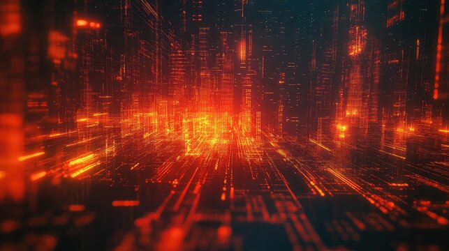 Digital city grid displaying flowing data and glowing lines - Powered by Adobe