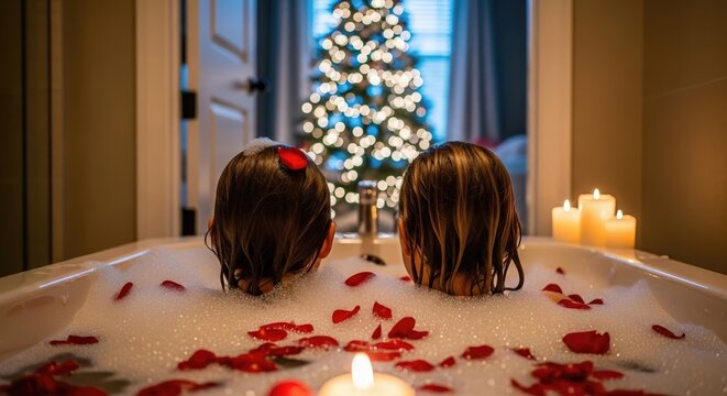 Couple relaxing in a romantic bubble bath with rose petals and candles with a Christmas tree in the background.