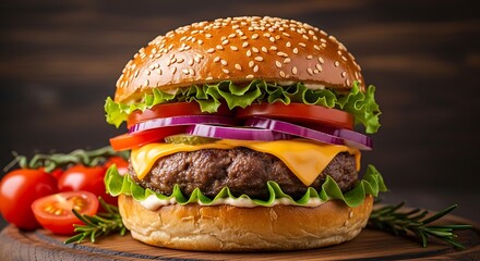 A delicious, juicy cheeseburger with fresh lettuce, ripe tomatoes, red onions, and pickles on a sesame seed bun, presented on a wooden board with cherry tomatoes
