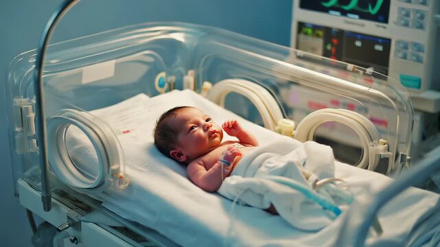 Newborn Baby Lying in Incubator in Neonatal Intensive Care Unit, Receiving Medical Care, Monitoring Vital Signs for Premature Infant Health