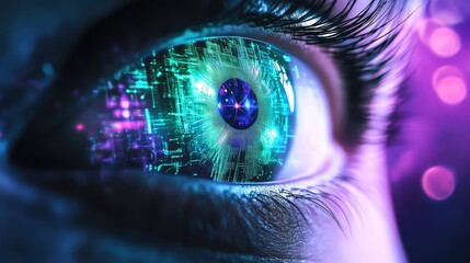 Human cyborg eye perceiving digital data technology