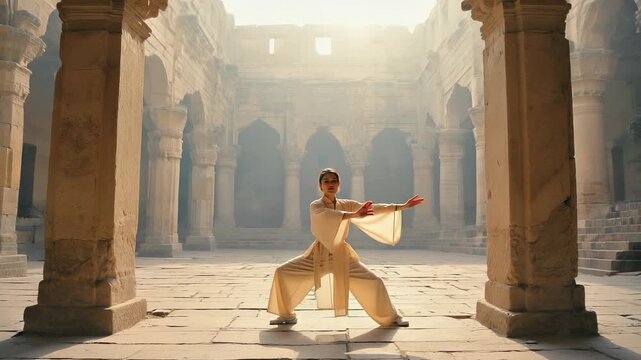 Woman Practicing Tai Chi in Ancient Courtyard, Serene Movement, Mindfulness, Cultural Heritage, Traditional Chinese Martial Arts, Tranquil Setting, Spiritual Practice