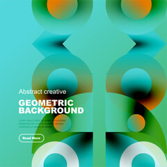 Vibrant geometric pattern. Overlapping circles, squares create abstract design. Turquoise, orange hues dominate composition. Modern aesthetic.