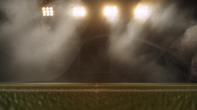 dramatic stadium lights shine on foggy sports field at night