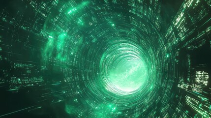 Navigating futuristic green digital data tunnel cyberspace