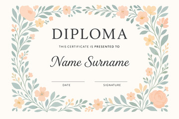 Elegant diploma certificate template with pastel floral border and refined typography, ideal for graduations, academic awards, professional recognition, and customizable achievement certificates.