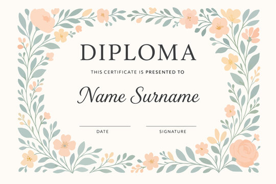 Elegant diploma certificate template with pastel floral border and refined typography, ideal for graduations, academic awards, professional recognition, and customizable achievement certificates.